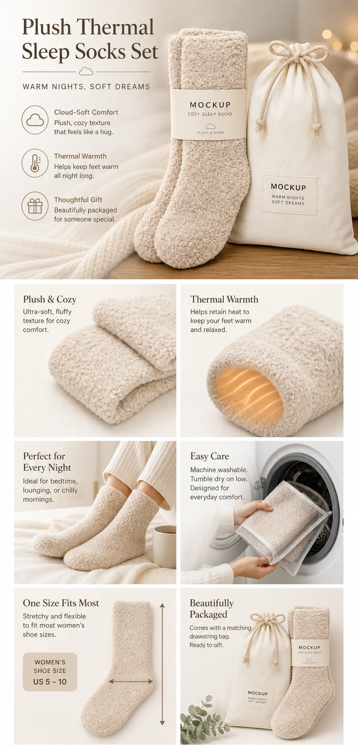 Plush Thermal Sleep Socks Set with Drawstring Bag｜AI Image Generation Prompts