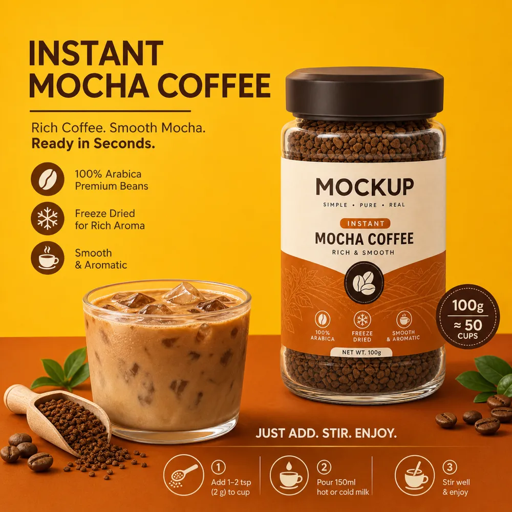 Instant Mocha Coffee Jar and Iced Drink Mockup｜AI Image Generation Prompts