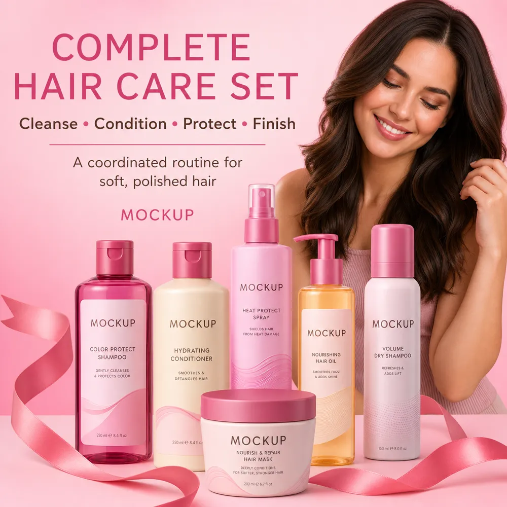 Complete Hair Care Set Mockup with Woman｜AI Image Generation Prompts