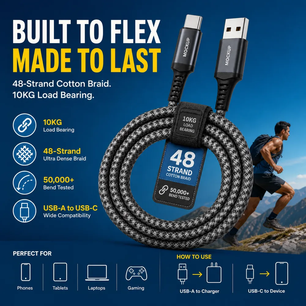 Durable 48-Strand Braided USB-A to USB-C Cable｜AI Image Generation Prompts
