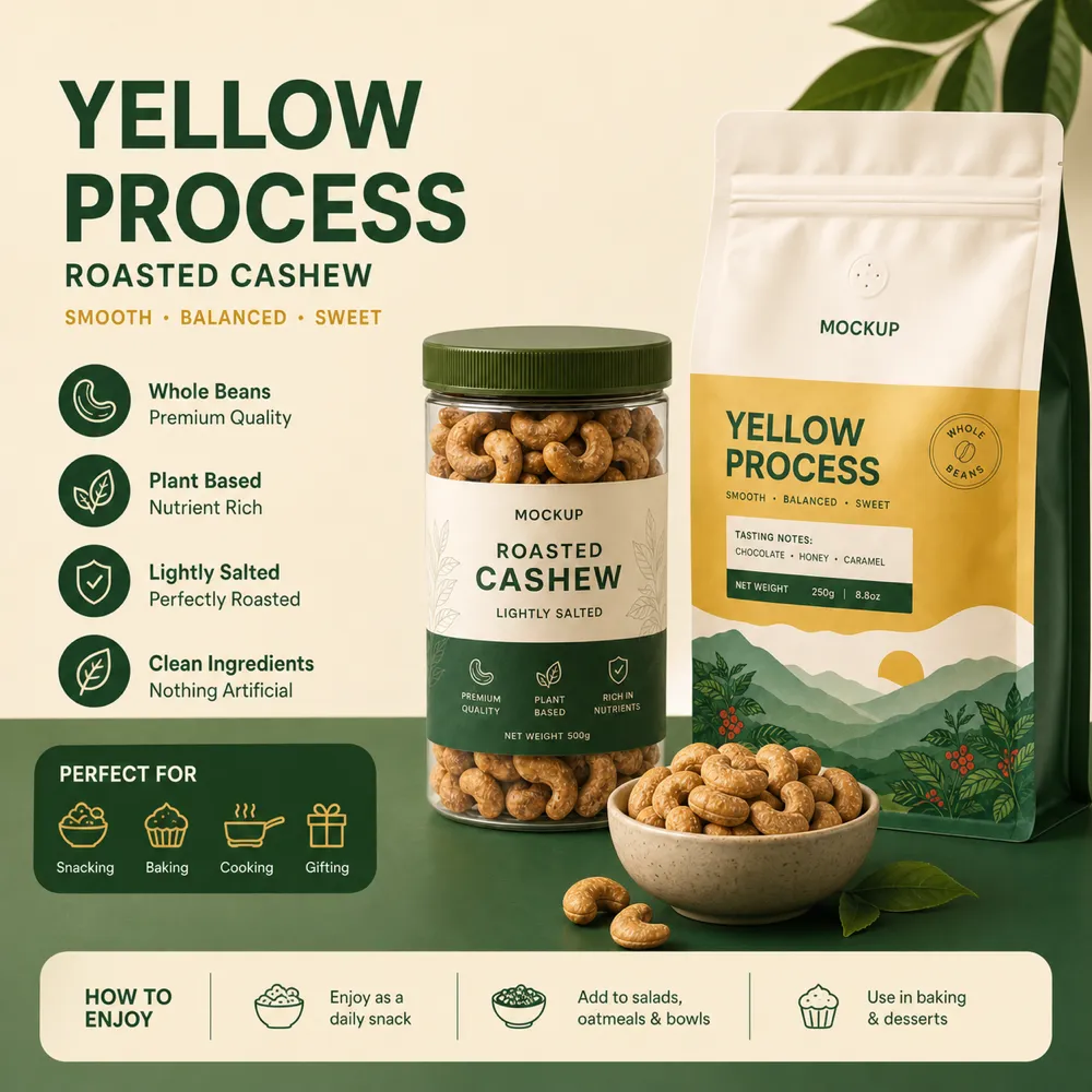 Yellow Process Roasted Cashew Packaging Mockup｜AI Image Generation Prompts