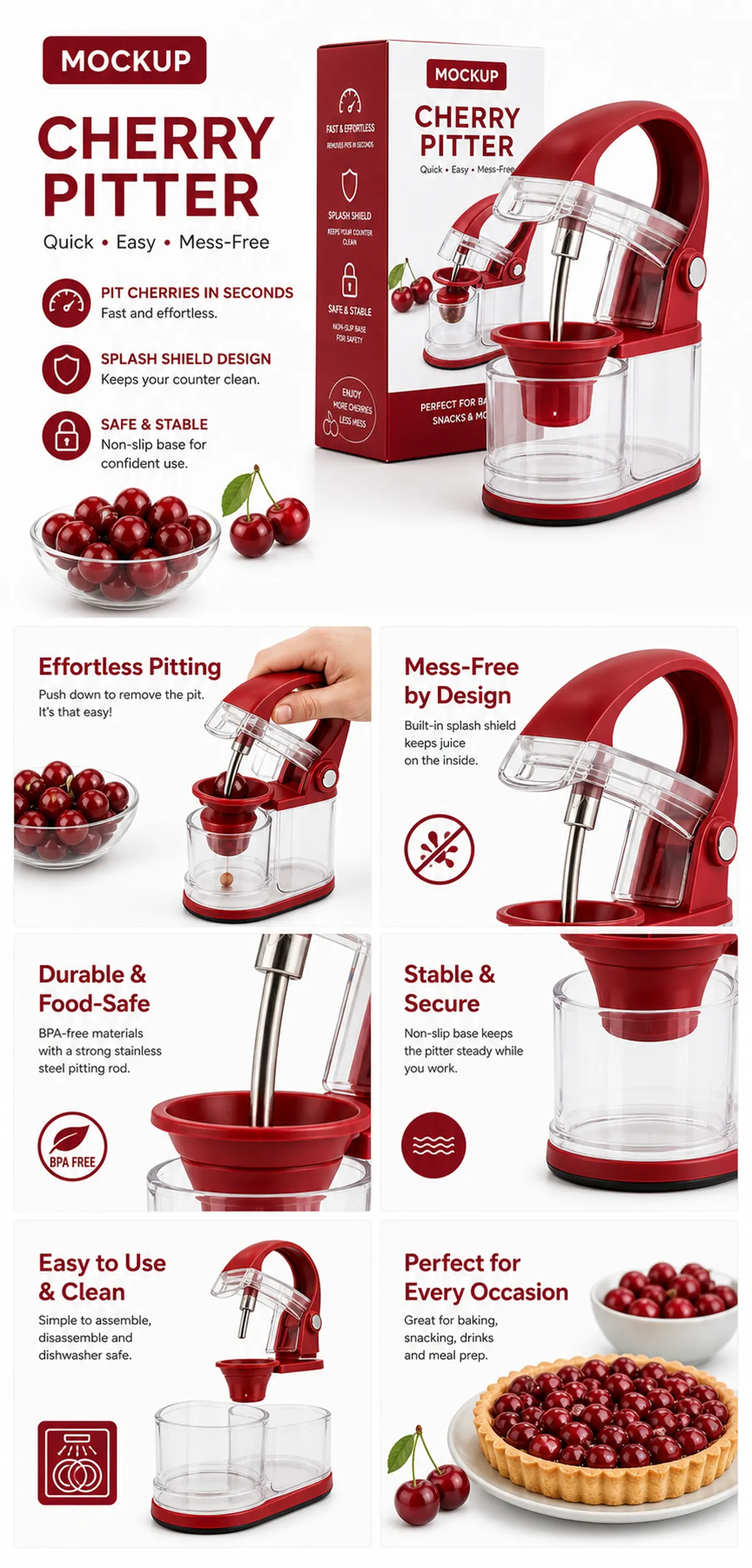 Red Cherry Pitter Kitchen Tool Product Mockup｜AI Image Generation Prompts
