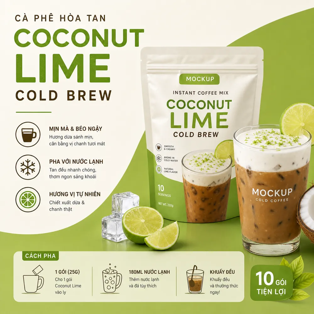Coconut Lime Cold Brew Instant Coffee Mix Mockup｜AI Image Generation Prompts