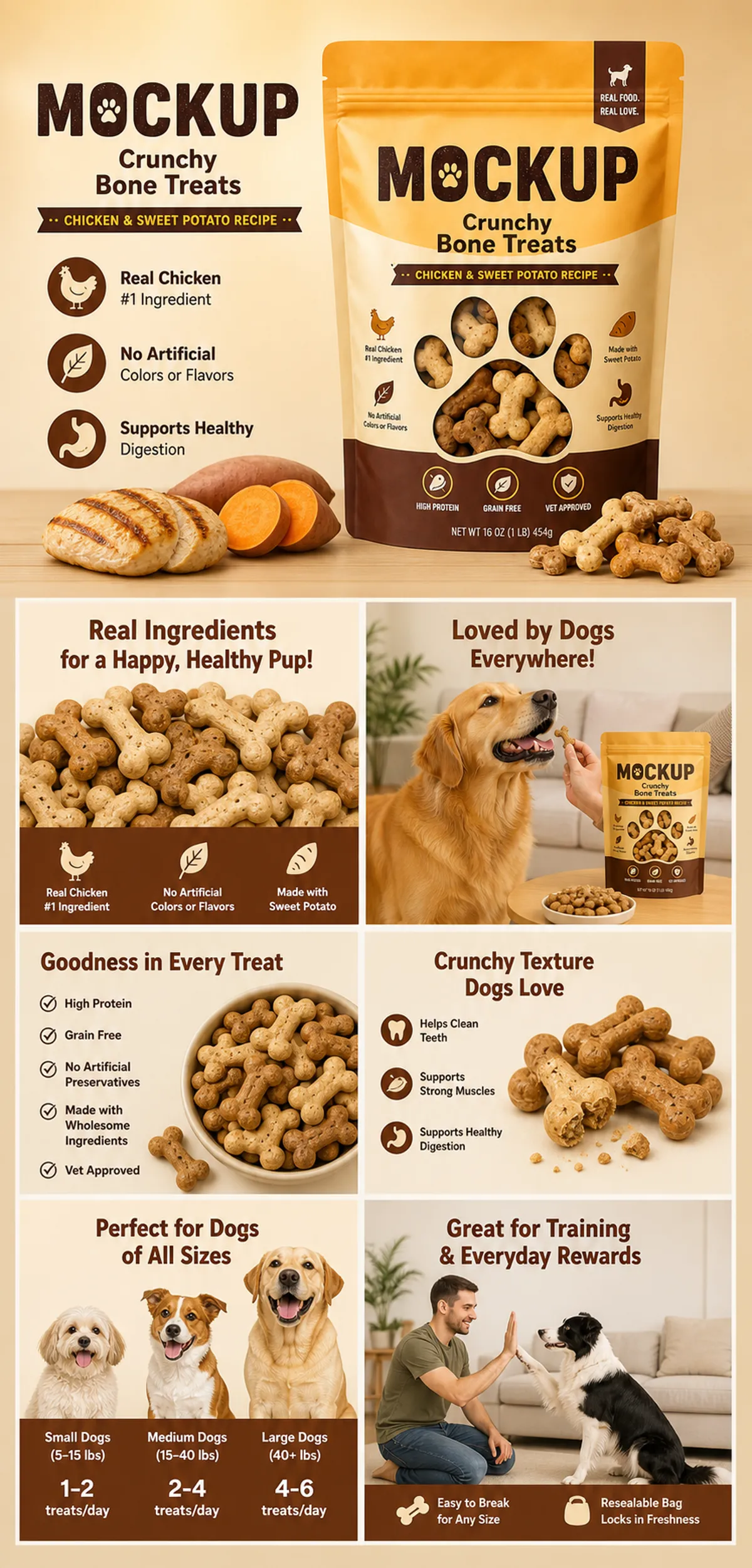 Crunchy Bone Treats Dog Food Packaging Mockup Design｜AI Image Generation Prompts