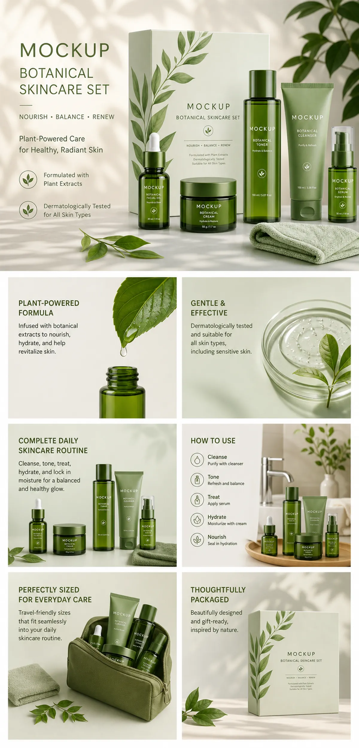 Green Botanical Skincare Set Product Mockup｜AI Image Generation Prompts