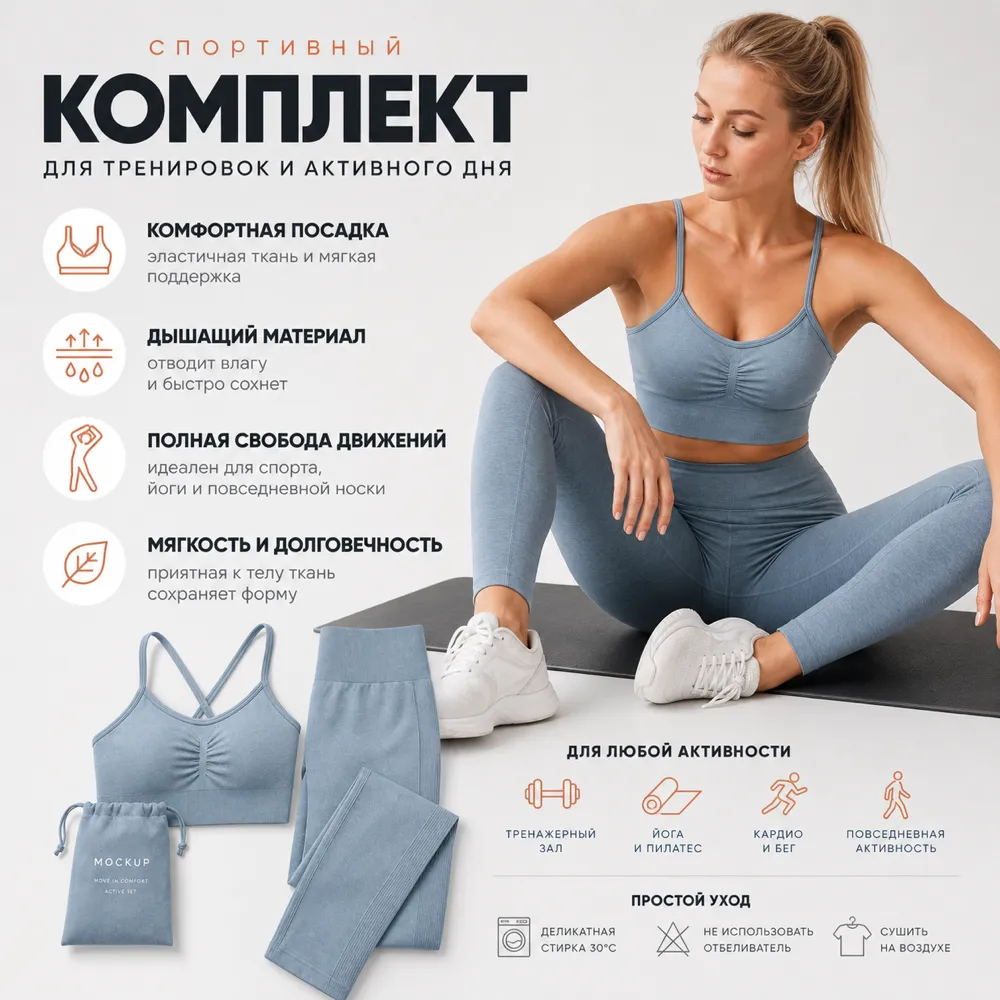 Woman in blue sports bra and leggings set｜AI Image Generation Prompts