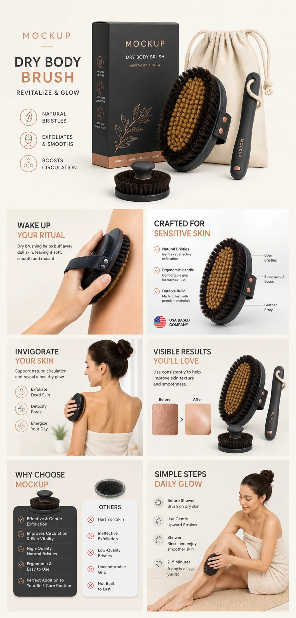 Dry Body Brush Set with Natural Bristles for Exfoliation｜AI Image Generation Prompts