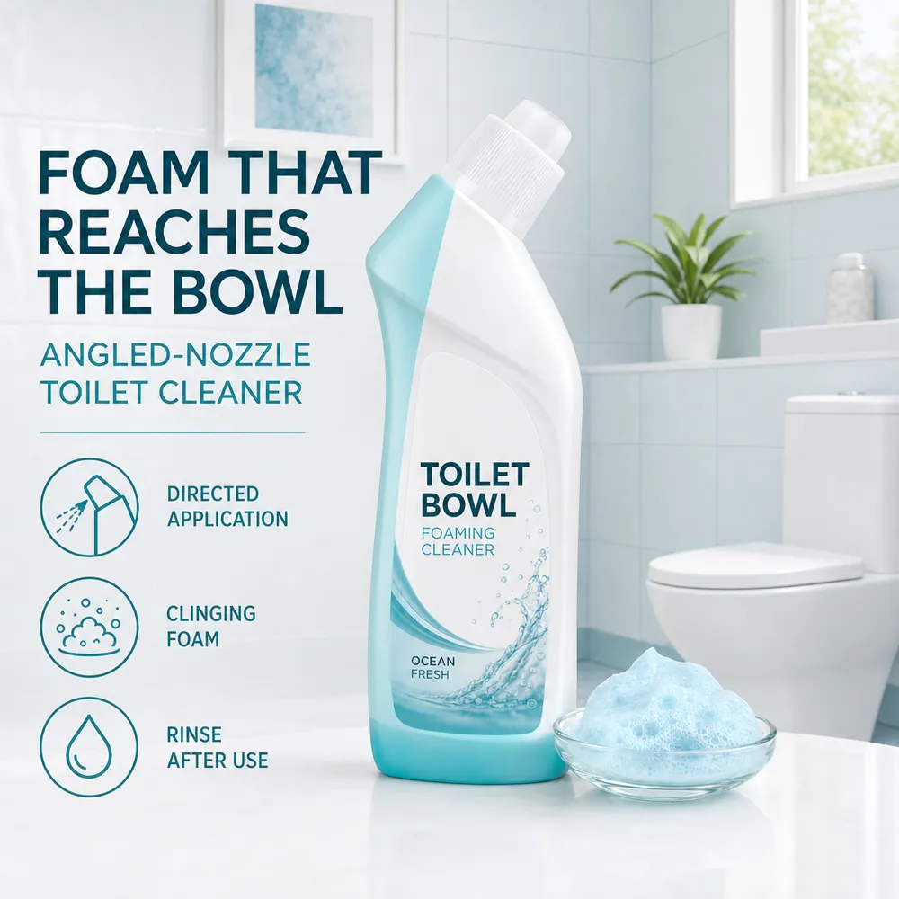 Angled-Nozzle Toilet Bowl Foaming Cleaner Bottle｜AI Image Generation Prompts