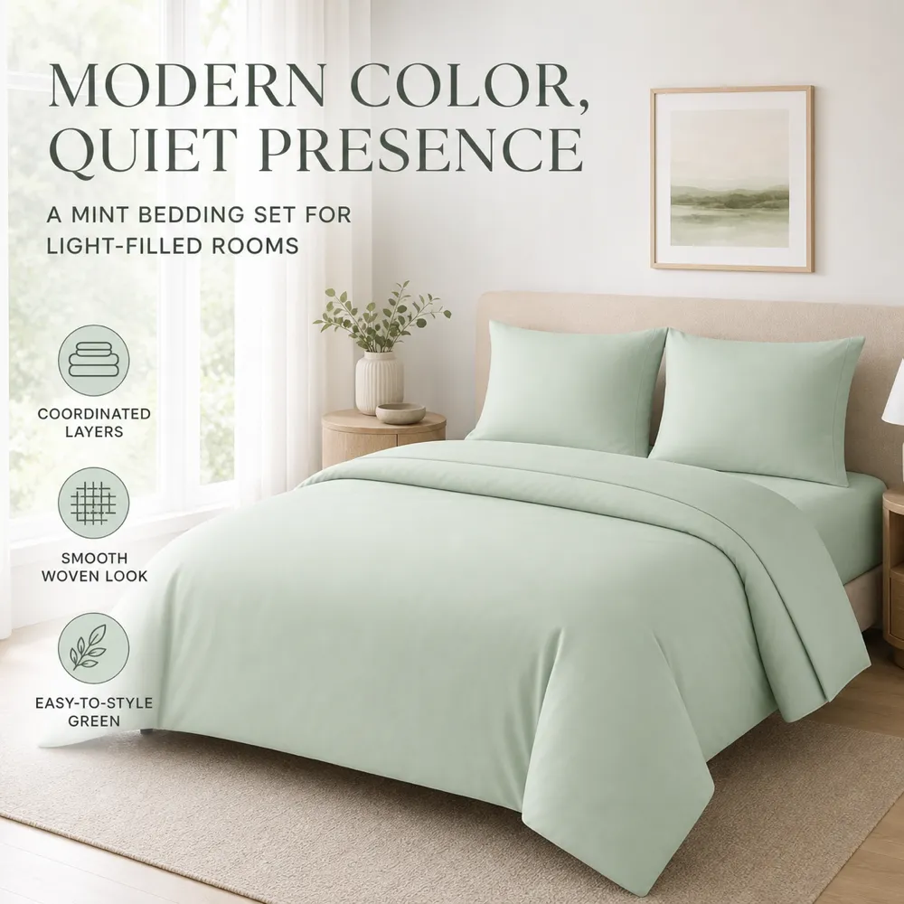 Modern Mint Bedding Set for Light-Filled Rooms｜AI Image Generation Prompts