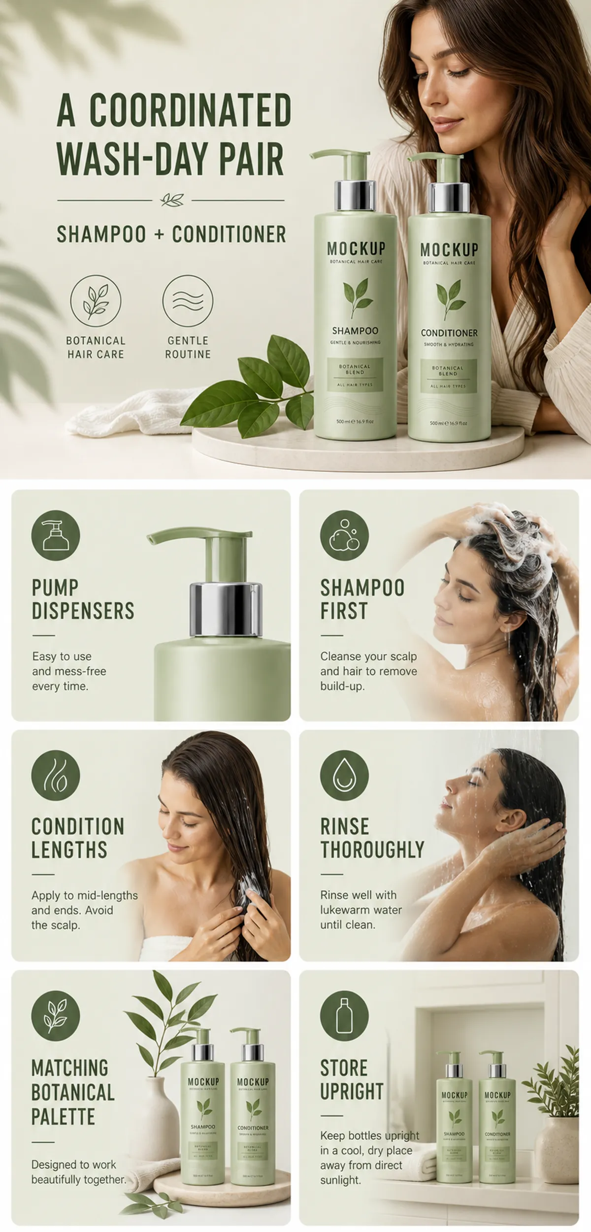 Botanical Shampoo and Conditioner Bottle Mockup Set｜AI Image Generation Prompts