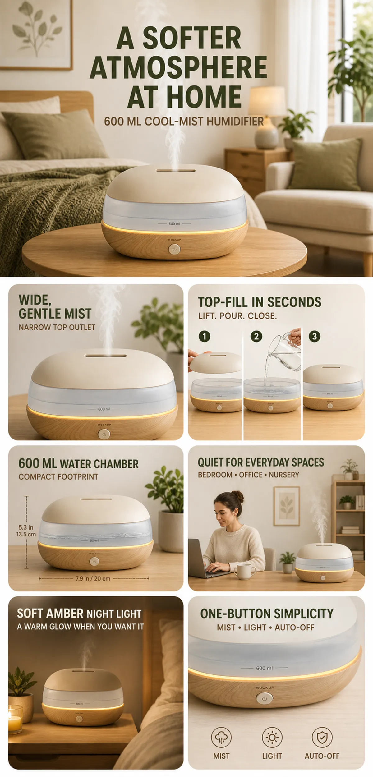 600ml Cool Mist Humidifier with Amber Night Light｜AI Image Generation Prompts