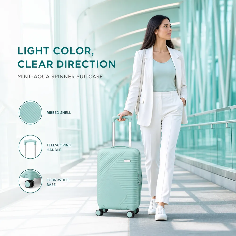 Woman pulling mint-aqua spinner suitcase｜AI Image Generation Prompts