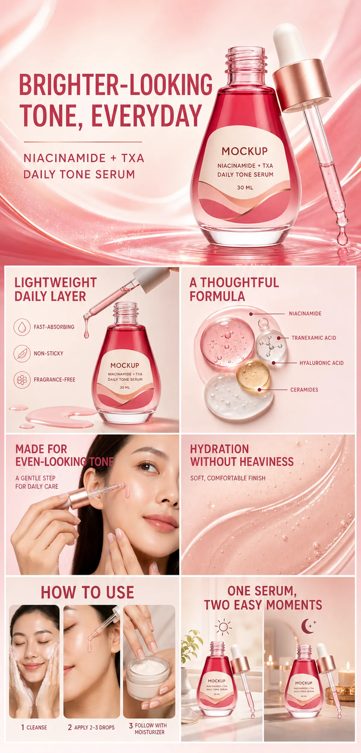 Niacinamide TXA Daily Tone Serum Mockup Infographic｜AI Image Generation Prompts