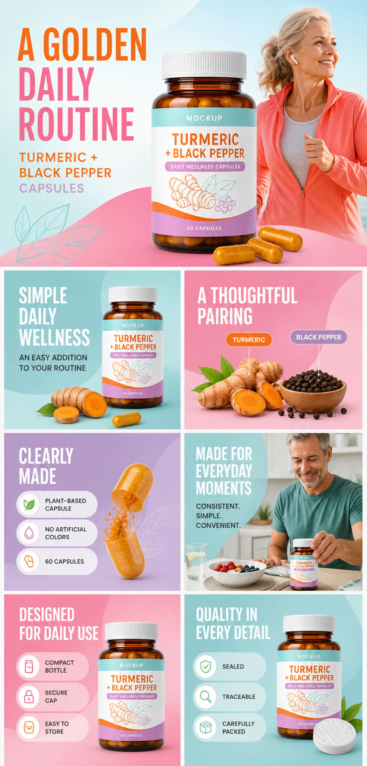 Turmeric and Black Pepper Daily Wellness Capsules Mockup｜AI Image Generation Prompts
