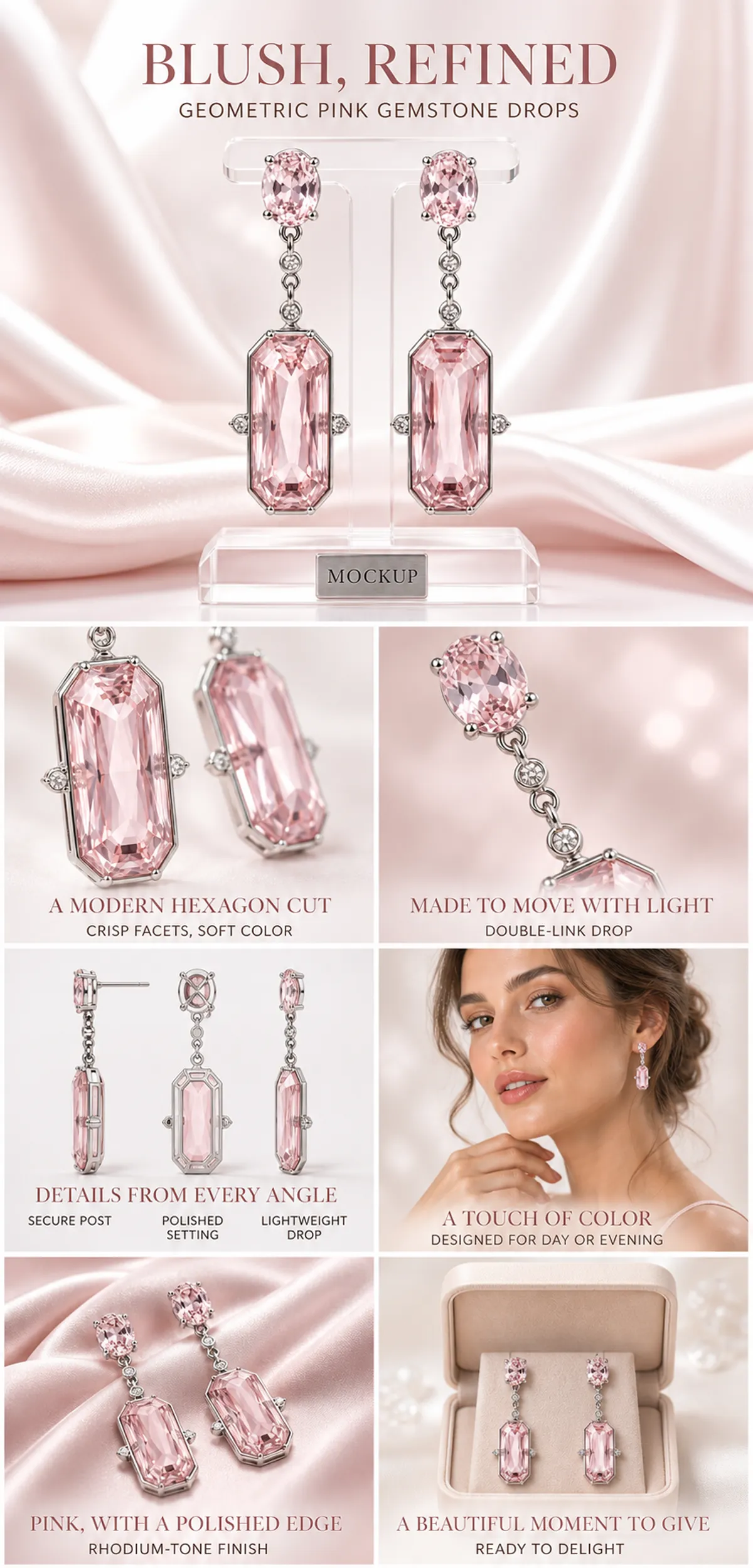 Blush Refined Geometric Pink Gemstone Drop Earrings｜AI Image Generation Prompts