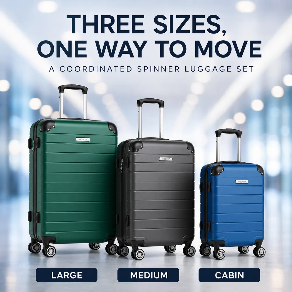 Three Sizes Coordinated Spinner Luggage Set Mockup｜AI Image Generation Prompts