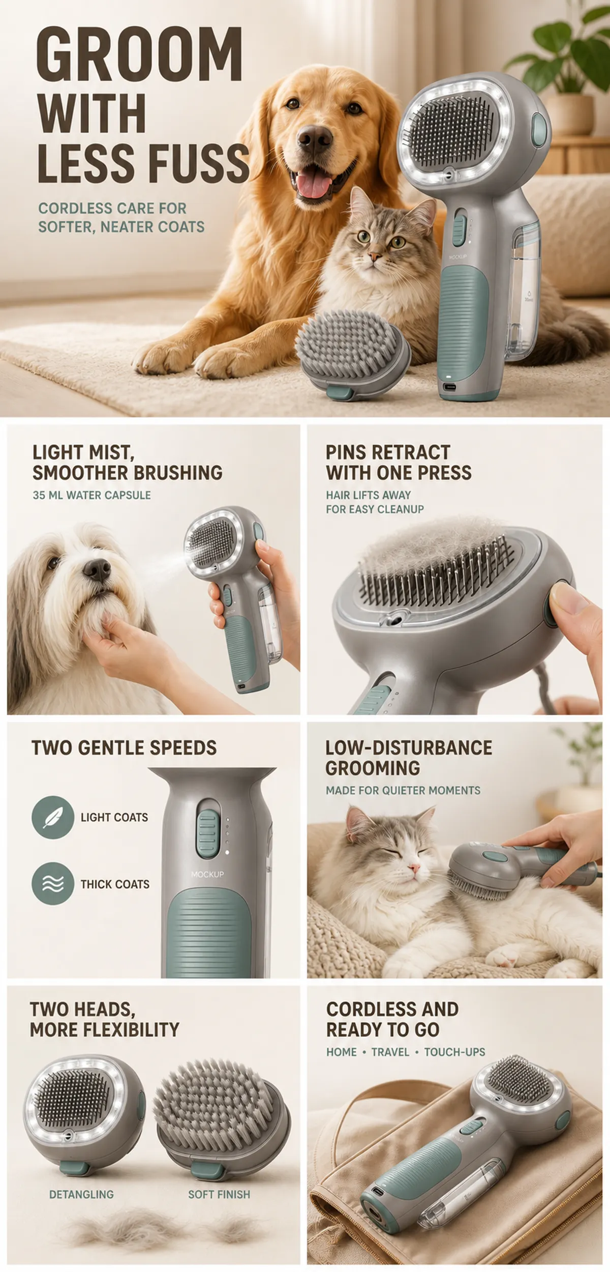 Cordless Pet Grooming Brush with Mist and Retractable Pins｜AI Image Generation Prompts