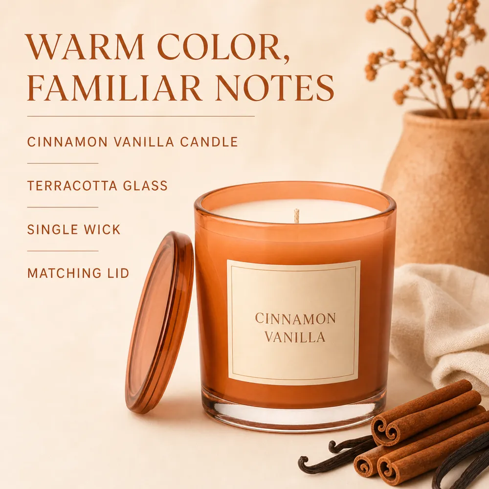 Cinnamon Vanilla Candle in Terracotta Glass Jar｜AI Image Generation Prompts