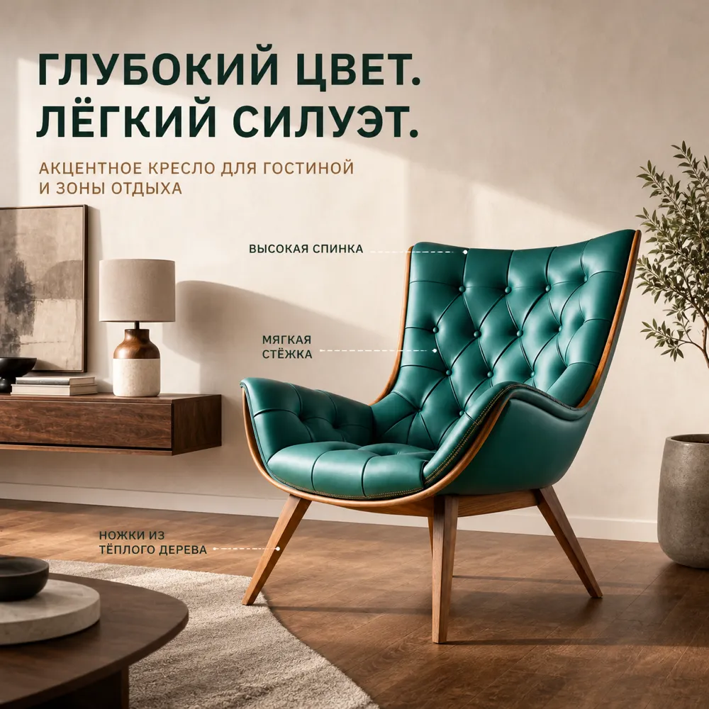 Modern Green Tufted Leather Armchair with Wooden Legs｜AI Image Generation Prompts