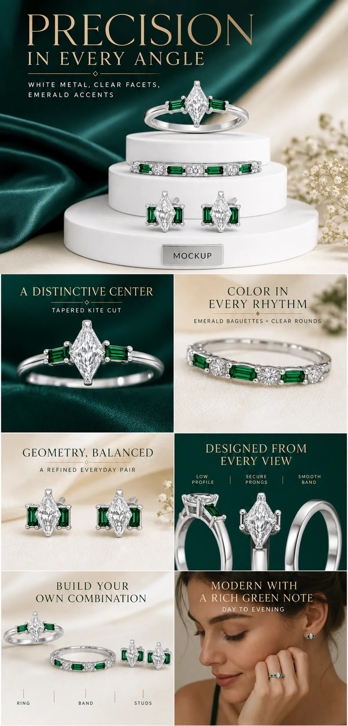 Precision Emerald and White Metal Jewelry Set｜AI Image Generation Prompts