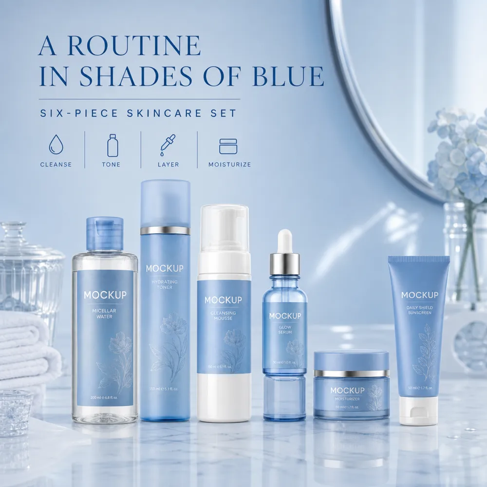 Blue Six-Piece Skincare Set Mockup Routine｜AI Image Generation Prompts