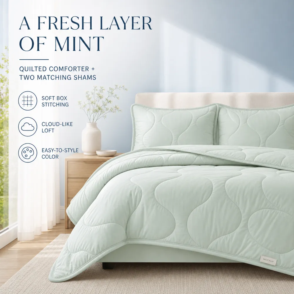Mint Green Quilted Comforter and Sham Set｜AI Image Generation Prompts