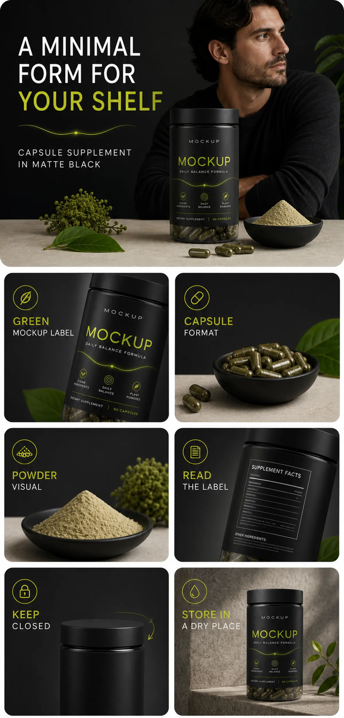 Matte Black Capsule Supplement Bottle Mockup｜AI Image Generation Prompts