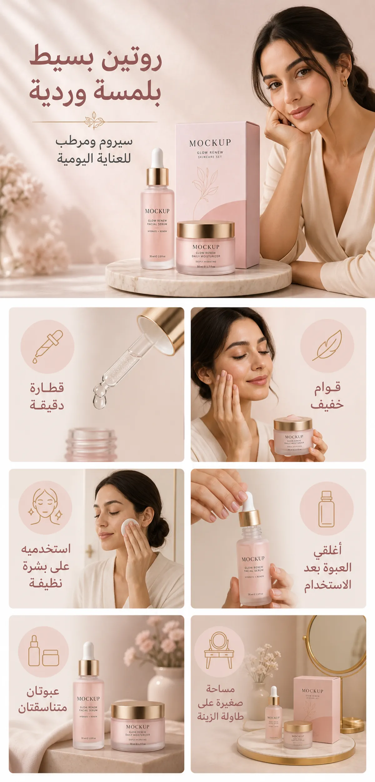 Pink Skincare Routine Mockup with Serum and Moisturizer｜AI Image Generation Prompts