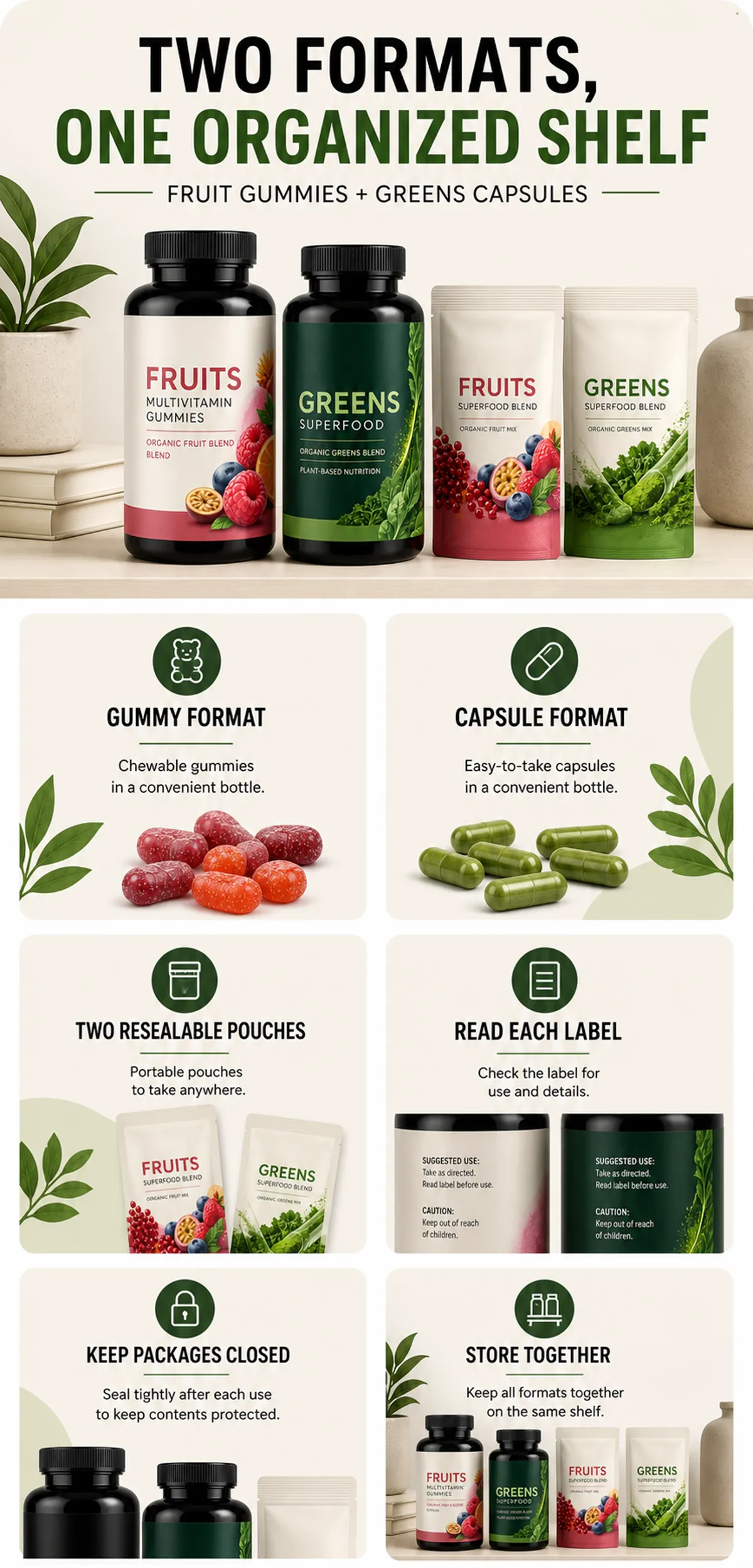 Fruit Gummies and Greens Capsules Supplement Guide｜AI Image Generation Prompts
