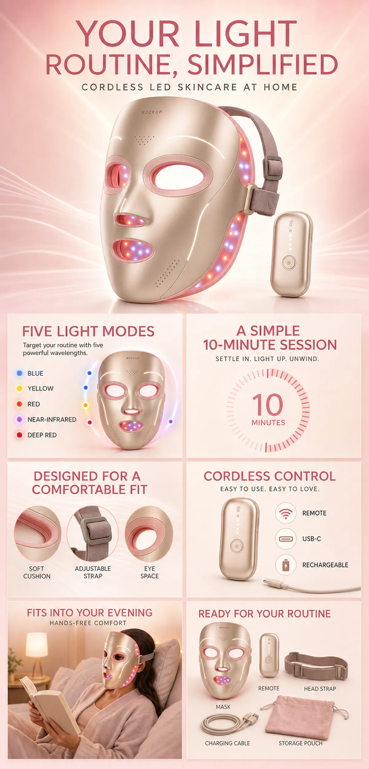 Cordless LED Skincare Mask with Five Light Modes｜AI Image Generation Prompts