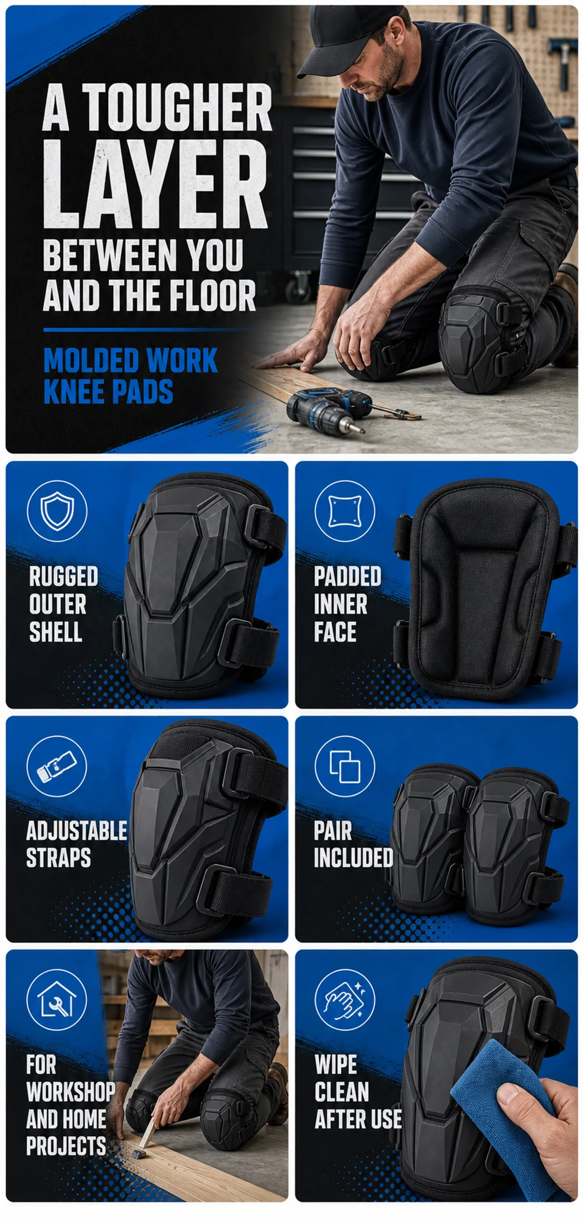 Molded Work Knee Pads with Rugged Outer Shell｜AI Image Generation Prompts