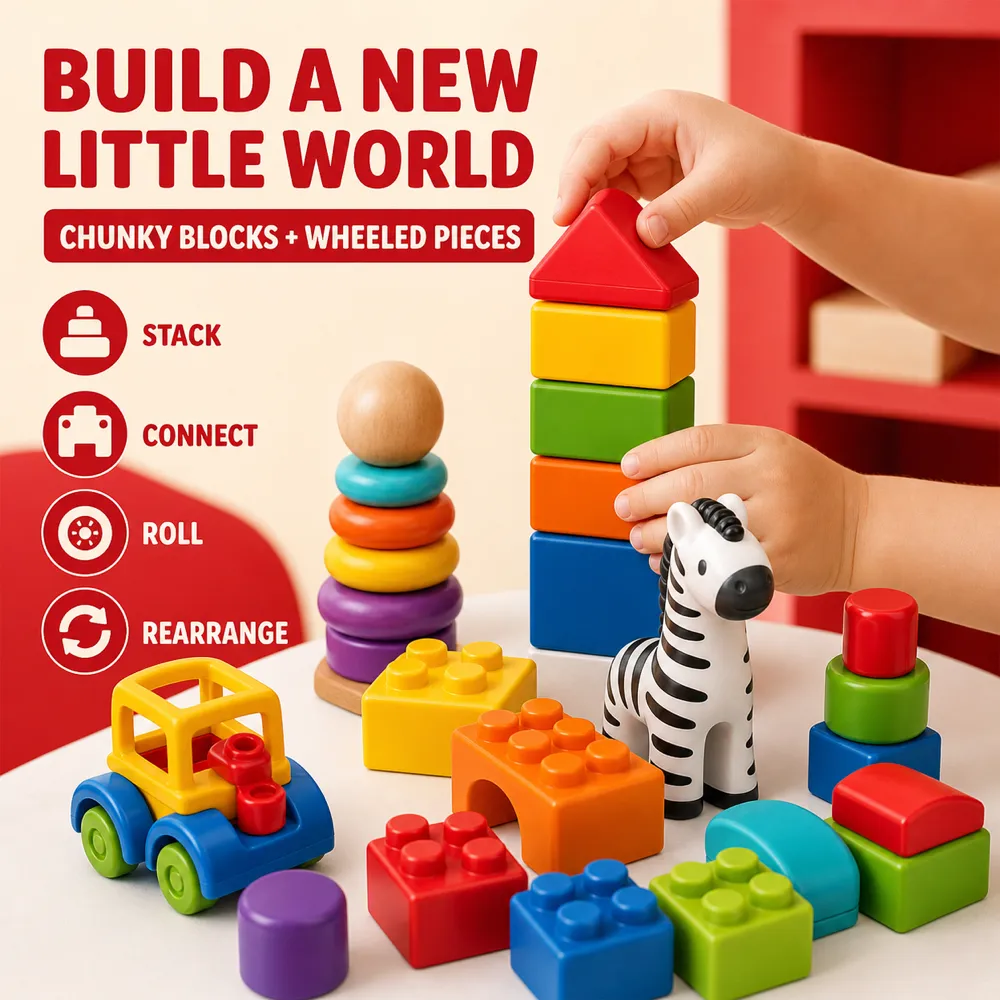 Colorful Chunky Blocks and Wheeled Pieces Toy Set｜AI Image Generation Prompts