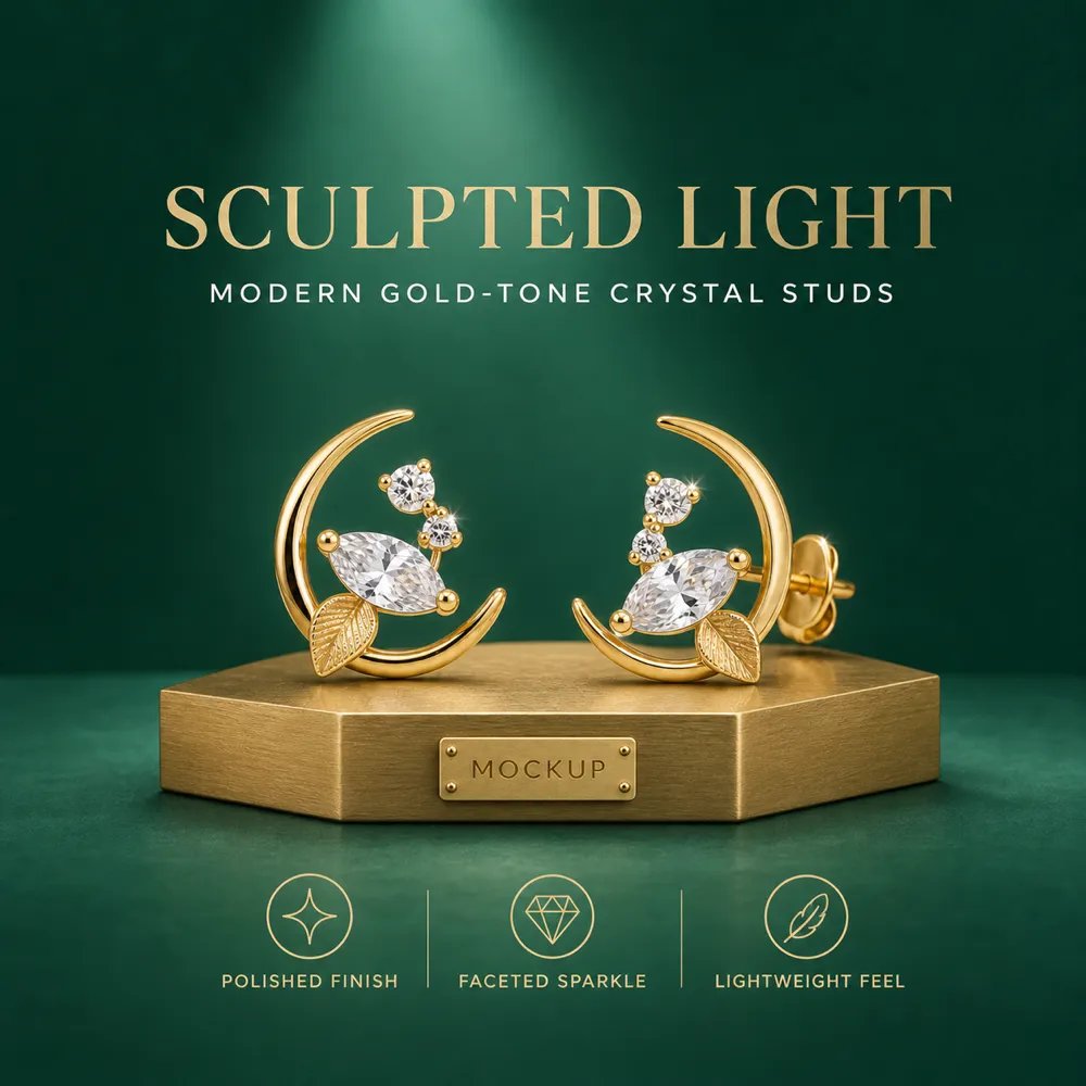 Modern Gold-Tone Crystal Stud Earrings Mockup｜AI Image Generation Prompts