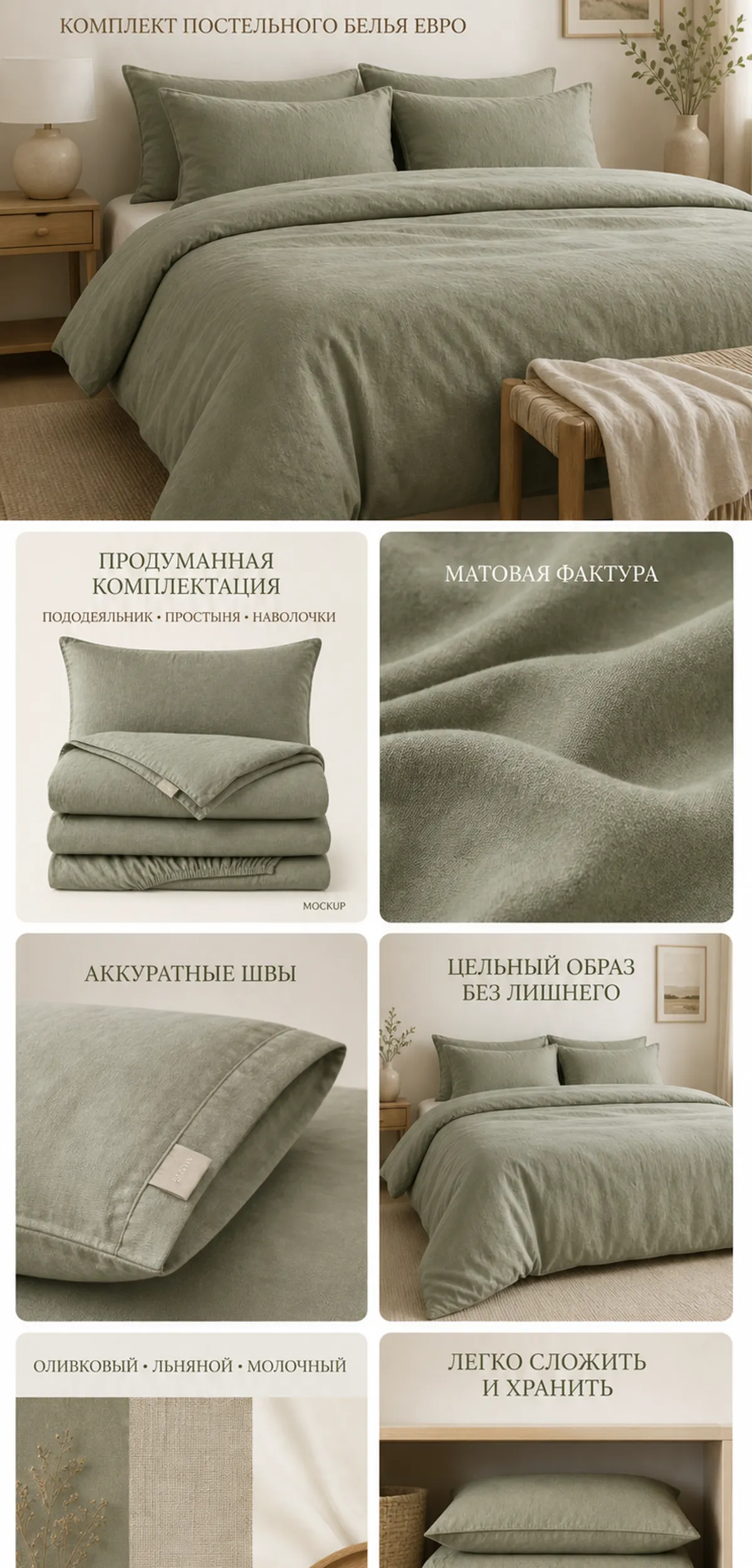 Olive Green Euro Bedding Set with Matte Texture｜AI Image Generation Prompts
