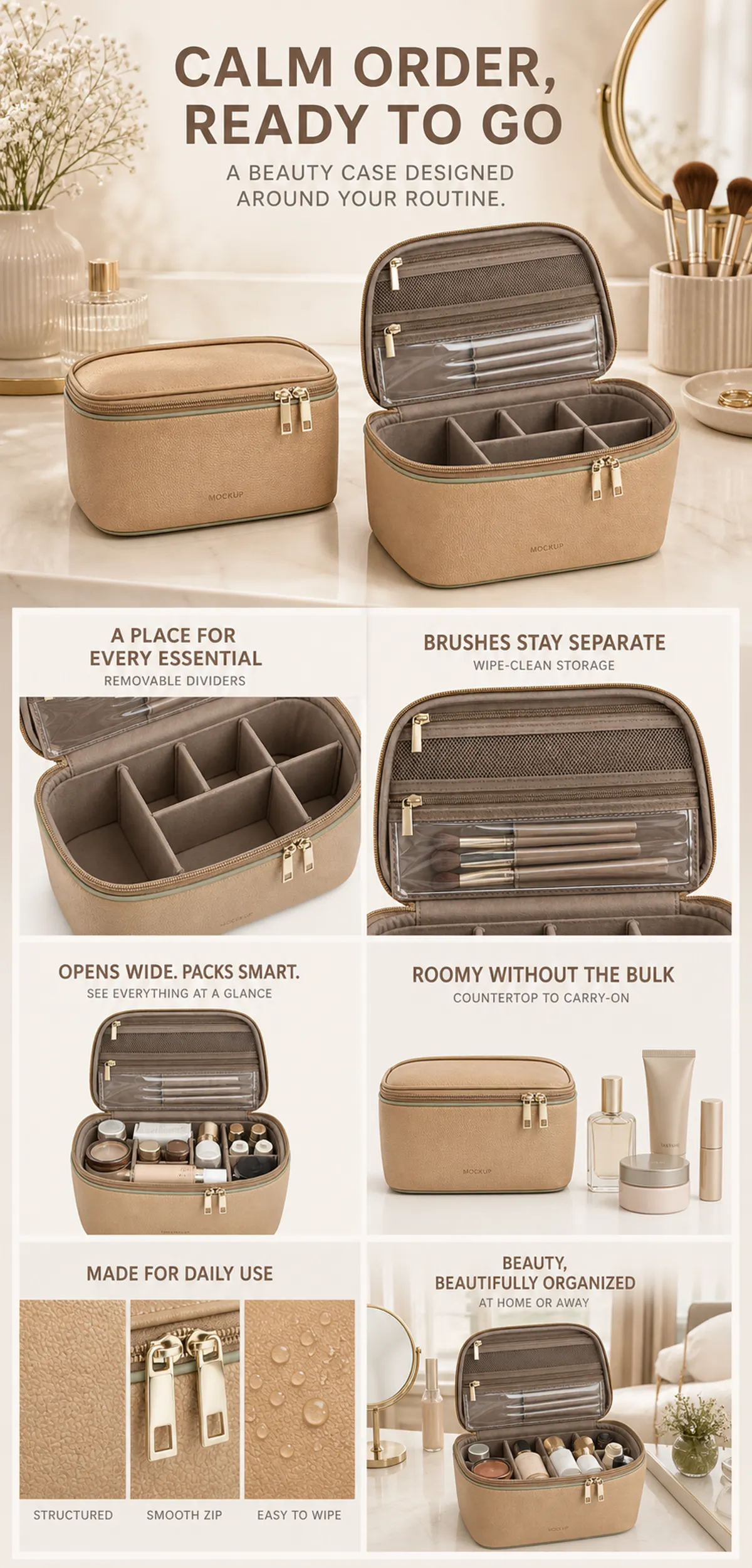 Beige Cosmetic Bag with Removable Dividers｜AI Image Generation Prompts