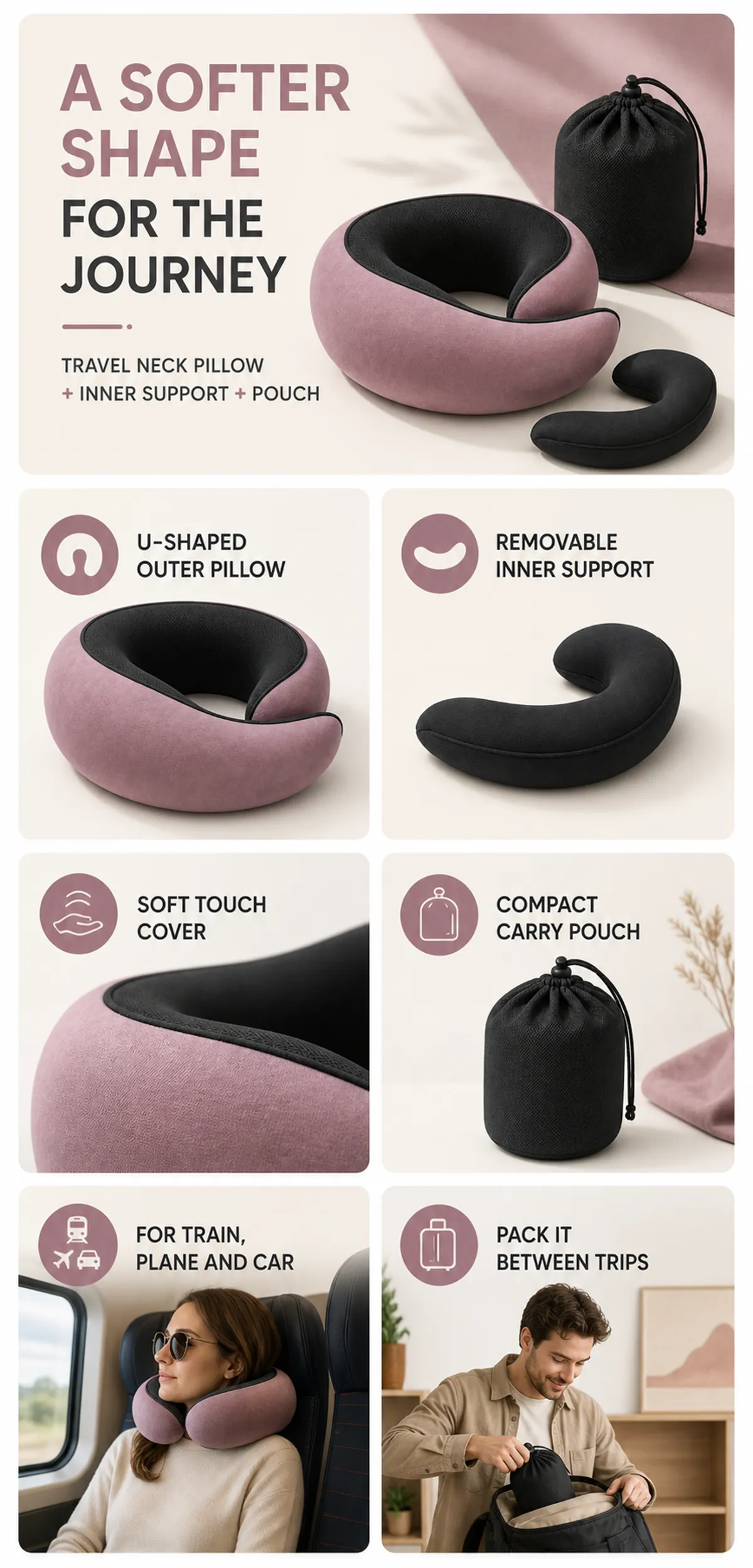 Soft Travel Neck Pillow with Inner Support｜AI Image Generation Prompts
