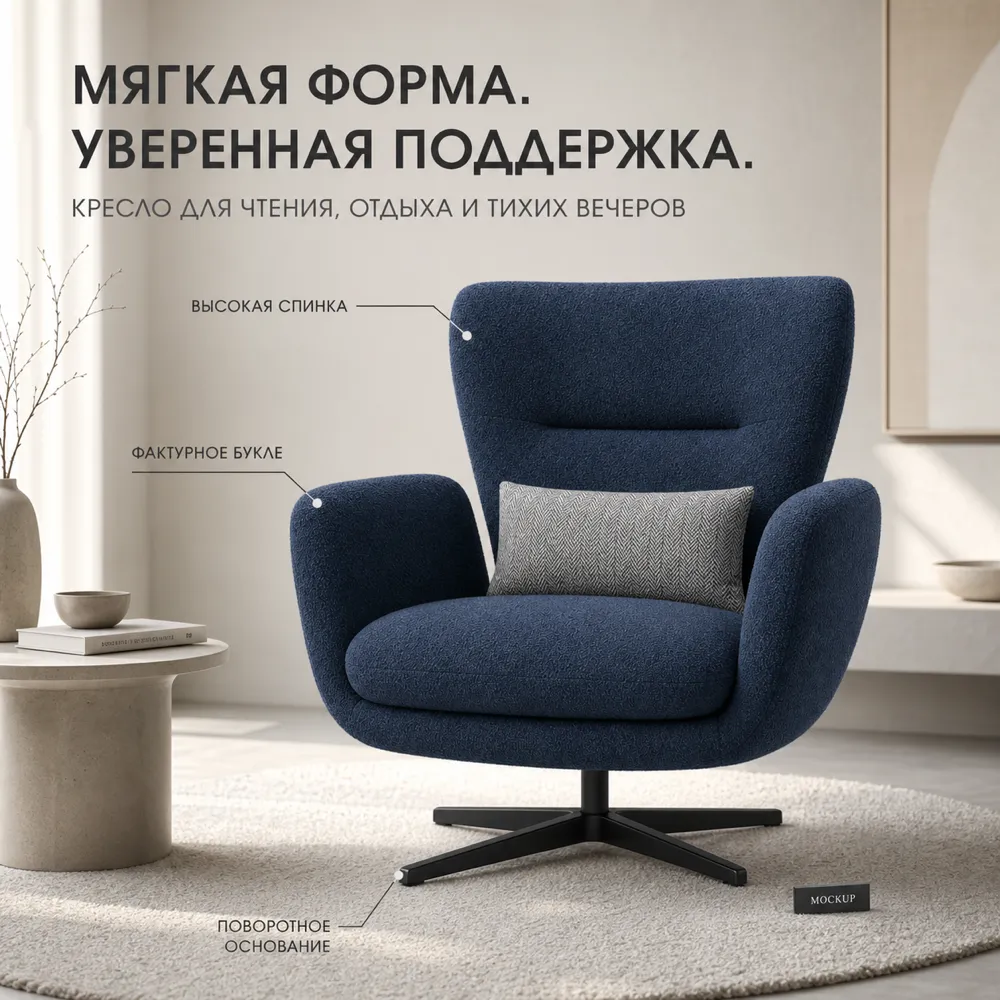 Blue Boucle Armchair with High Back and Swivel Base｜AI Image Generation Prompts