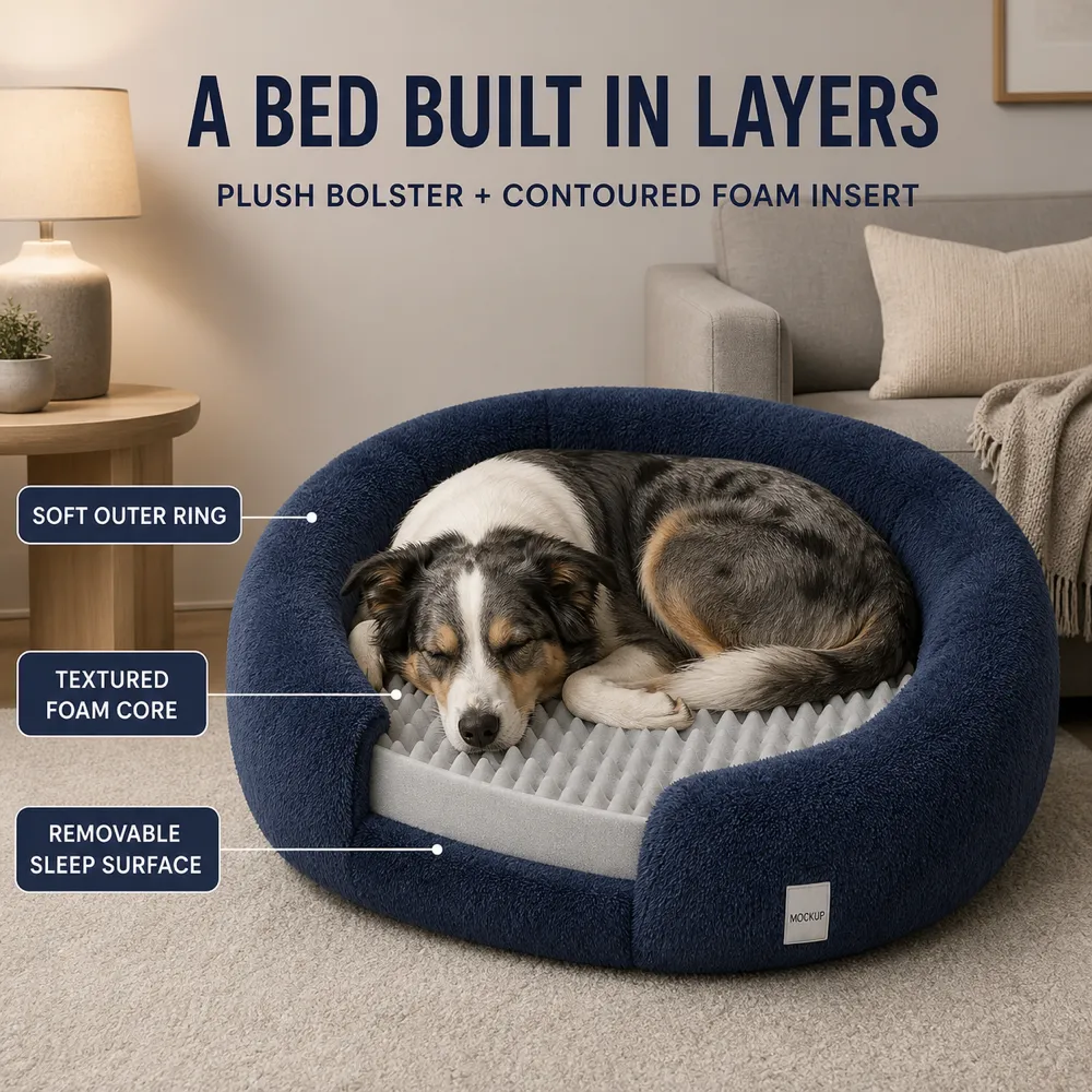 Layered dog bed with plush bolster and foam insert｜AI Image Generation Prompts
