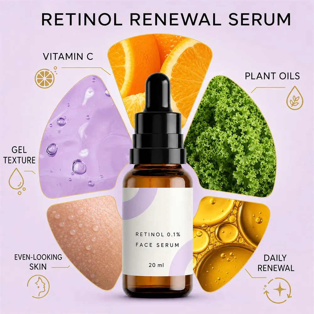 Retinol Renewal Serum Infographic with Ingredients｜AI Image Generation Prompts