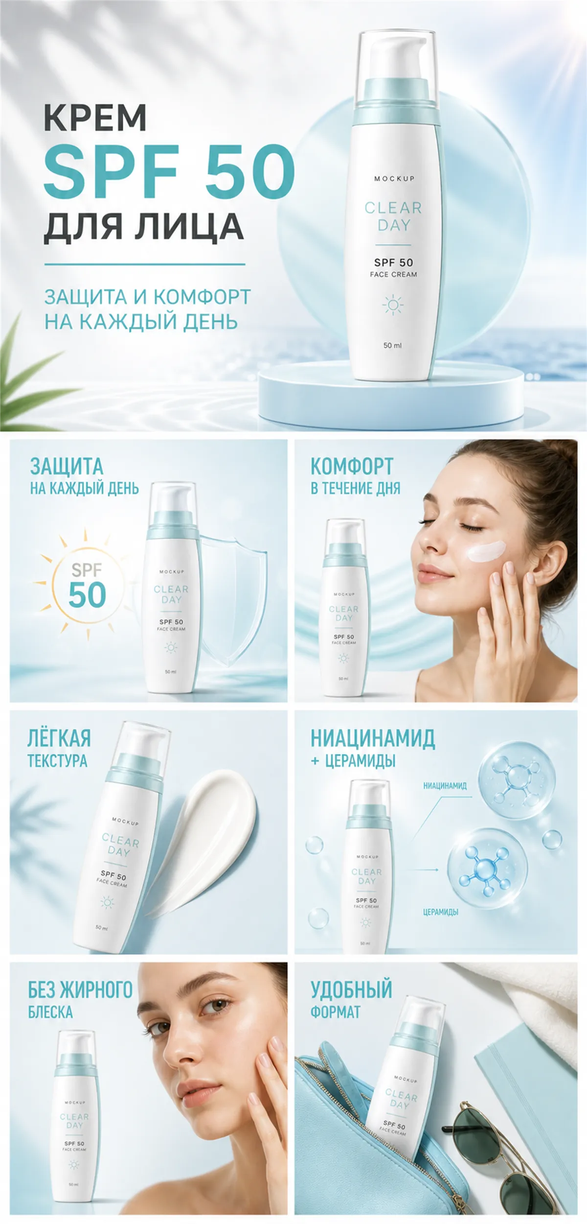Clear Day SPF 50 Face Cream Product Mockup｜AI Image Generation Prompts