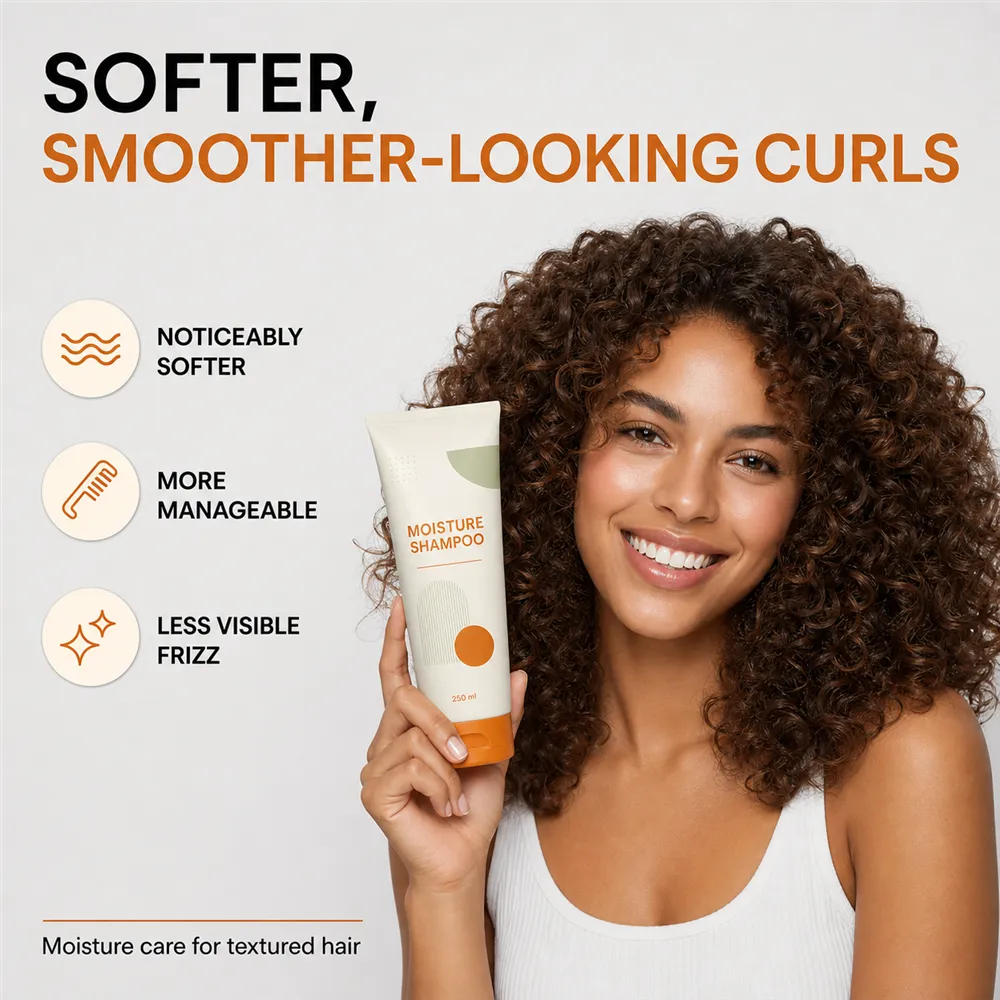 Woman holding moisture shampoo for curly hair care｜AI Image Generation Prompts