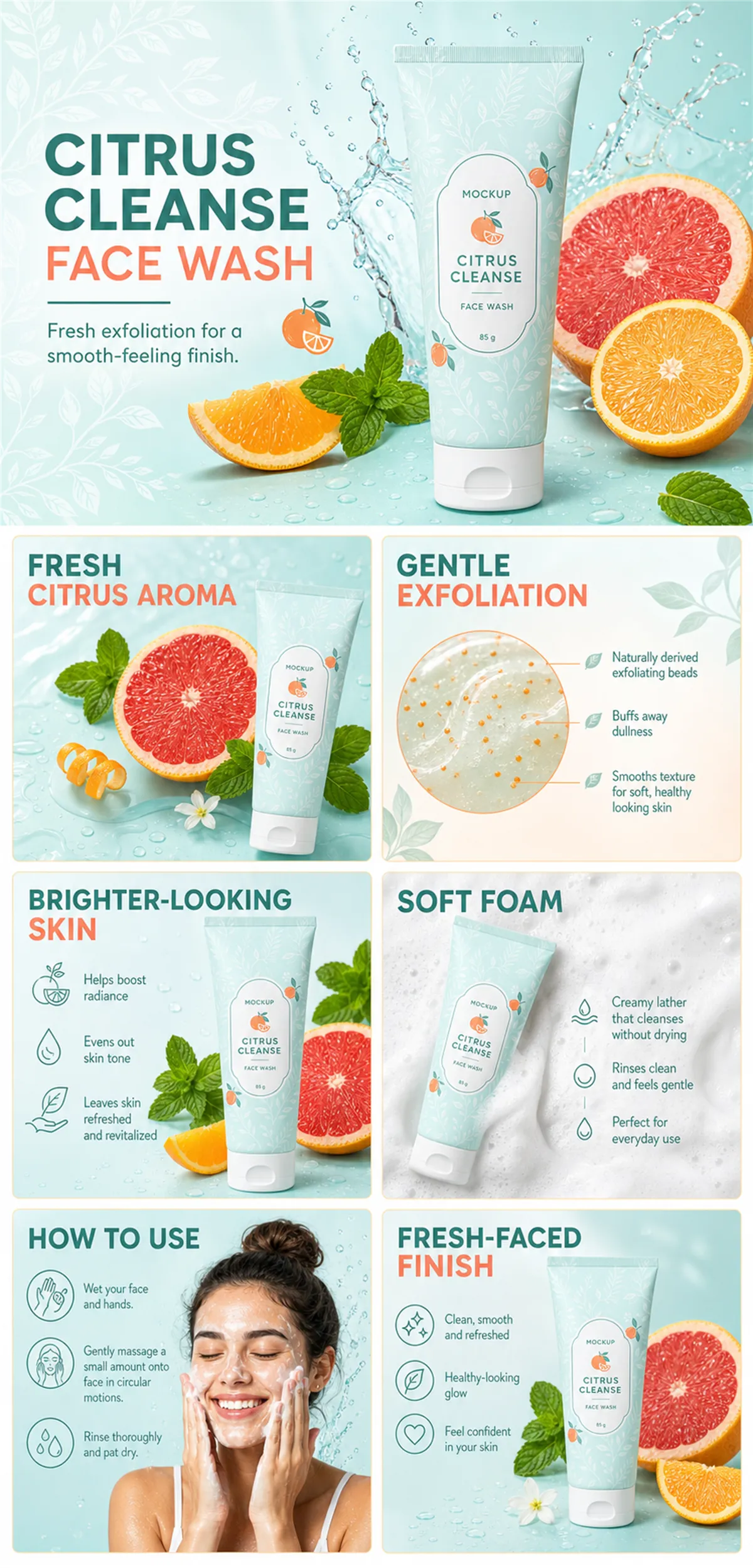 Citrus Cleanse Face Wash Infographic and Mockup｜AI Image Generation Prompts