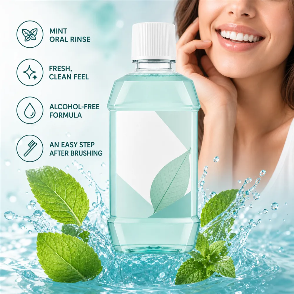 Mint Oral Rinse Bottle with Fresh Leaves｜AI Image Generation Prompts