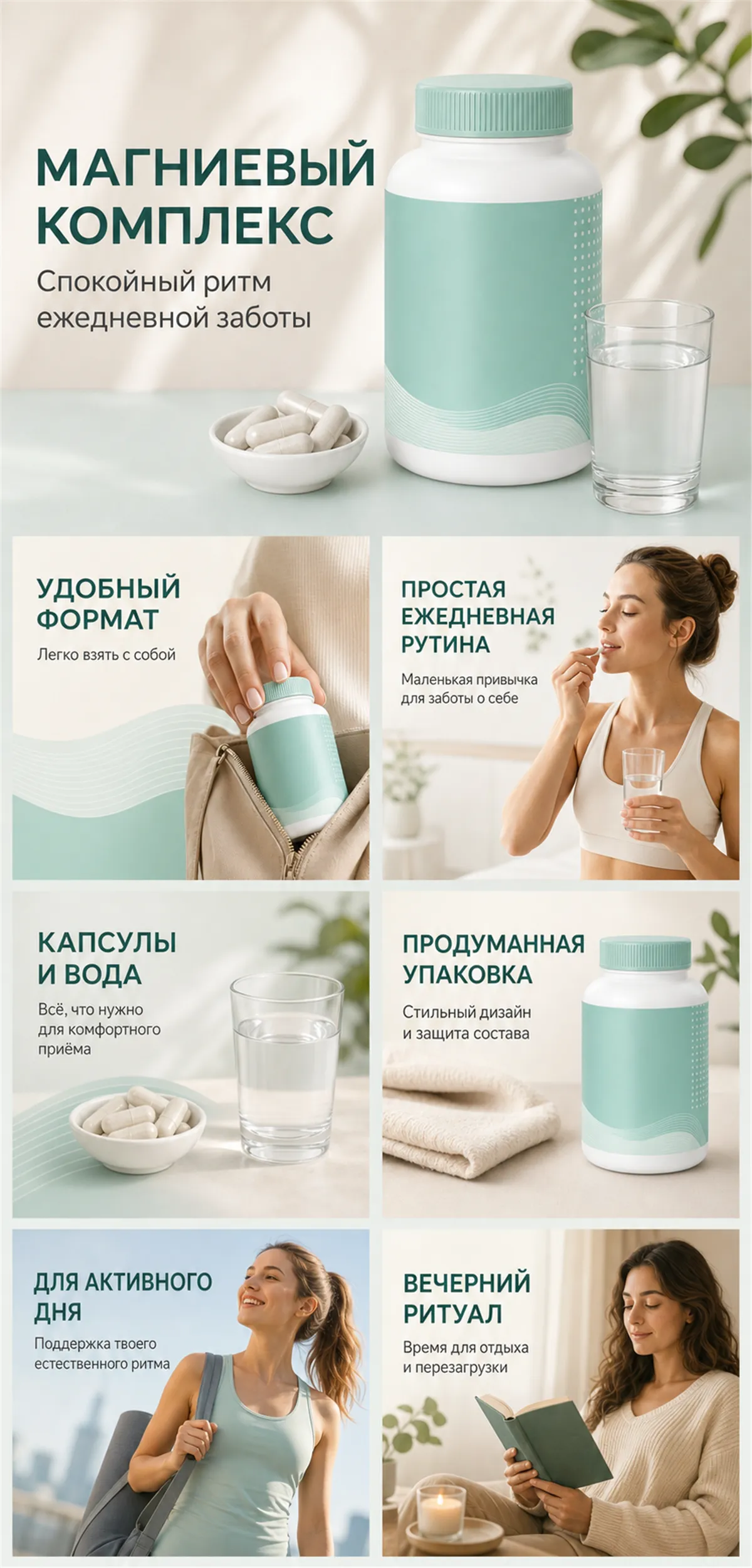 Magnesium Complex Supplement Bottle and Daily Routine｜AI Image Generation Prompts