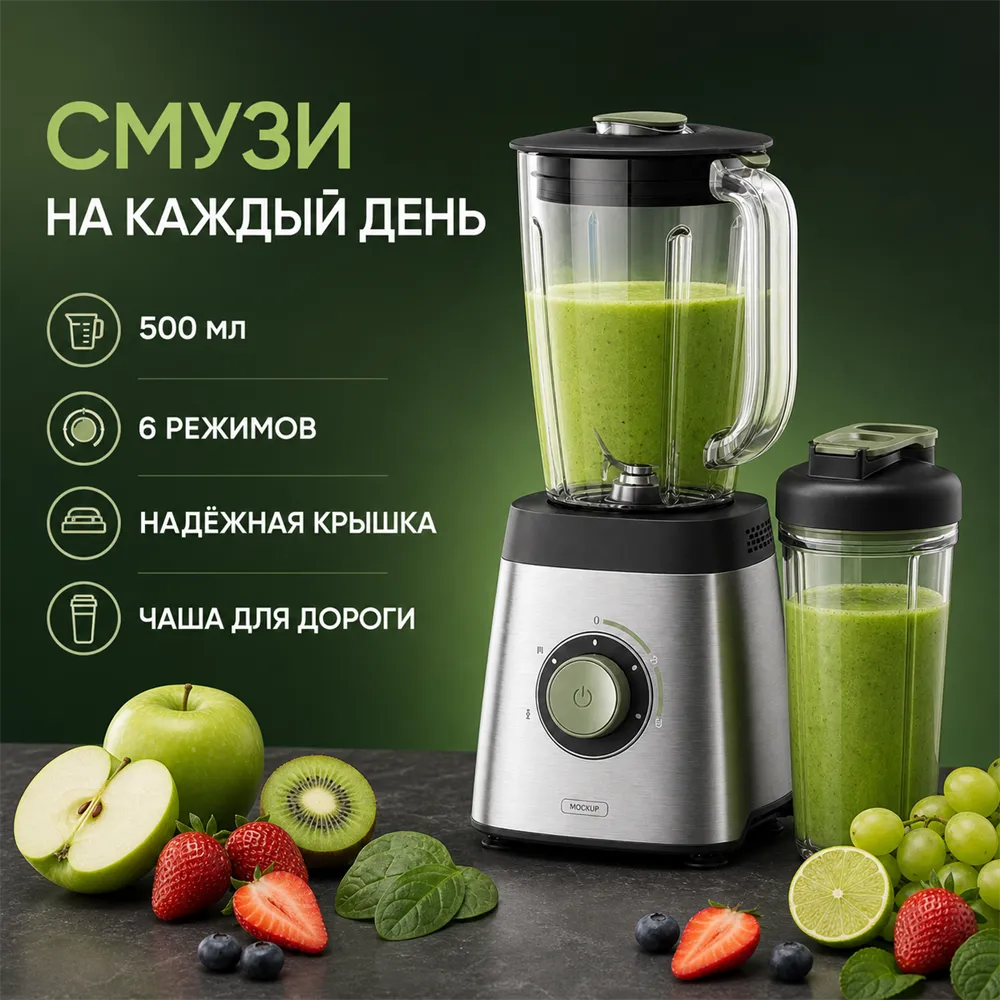 Green Smoothie Blender with Fresh Fruits and Travel Cup｜AI Image Generation Prompts