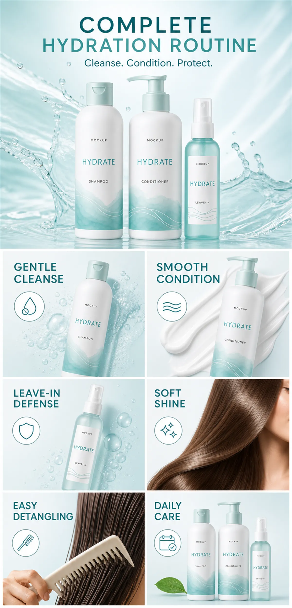 Complete Hydration Routine Hair Care Mockup｜AI Image Generation Prompts