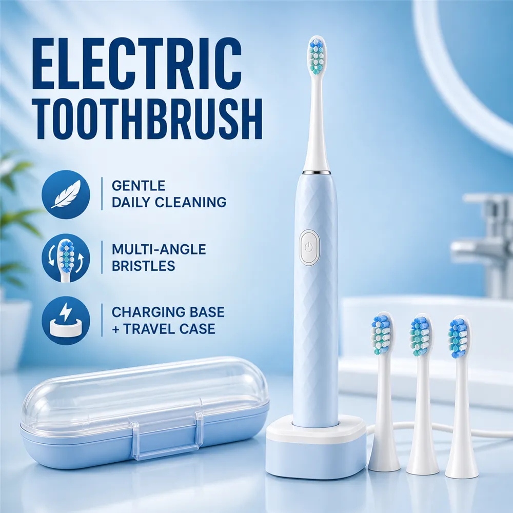 Blue Electric Toothbrush Set with Travel Case｜AI Image Generation Prompts