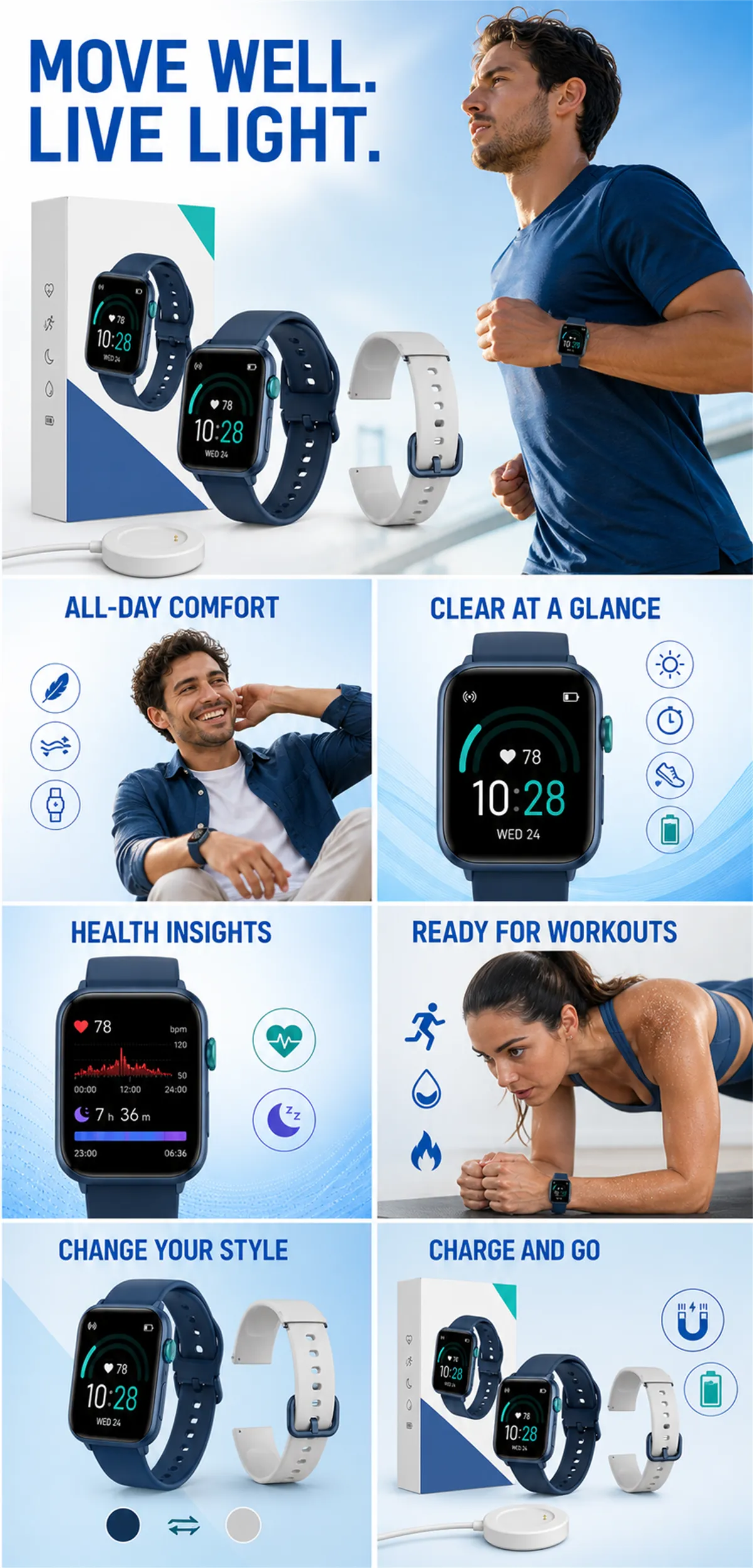 Blue Smartwatch Fitness Tracker Features Overview｜AI Image Generation Prompts