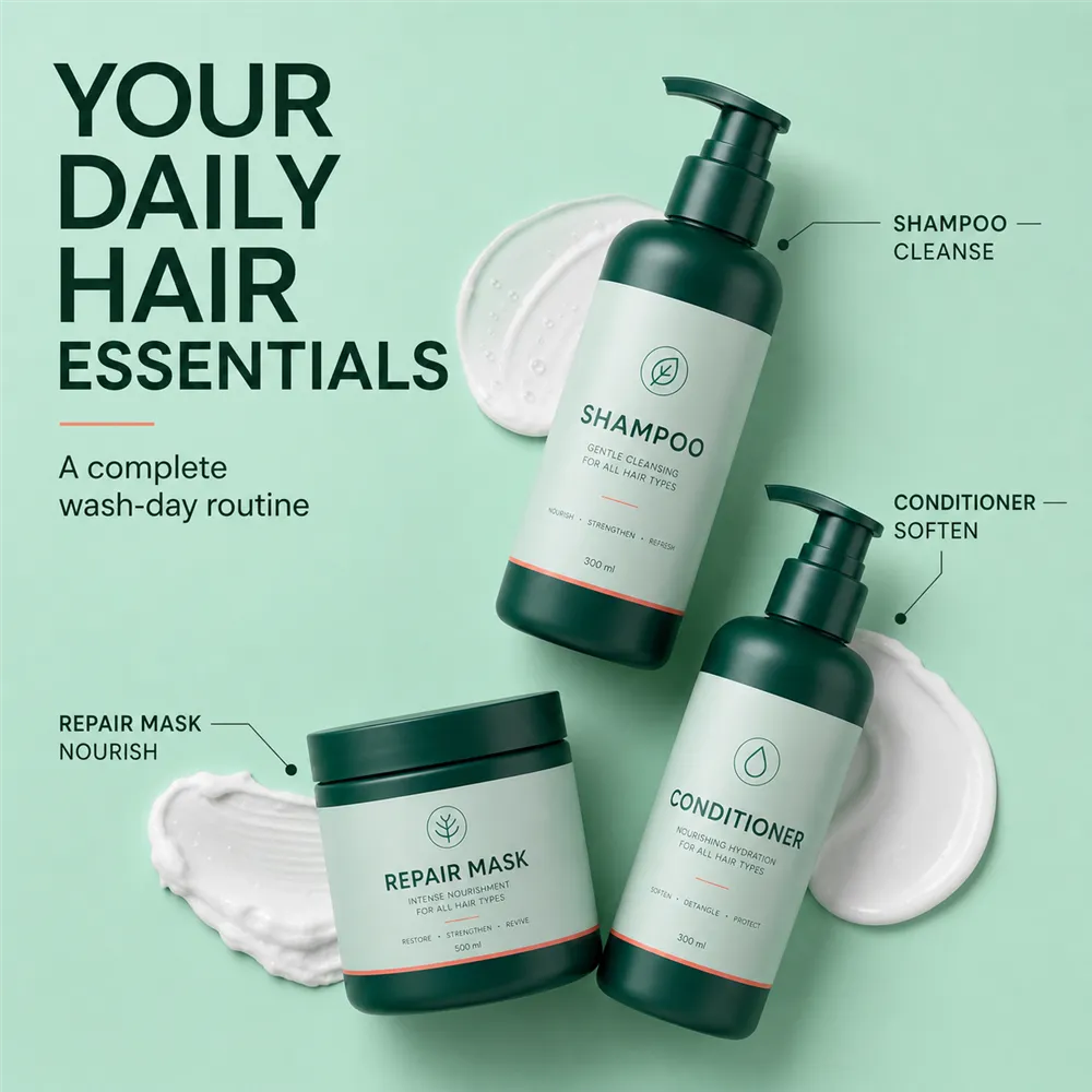 Daily Hair Essentials Shampoo Conditioner and Mask｜AI Image Generation Prompts