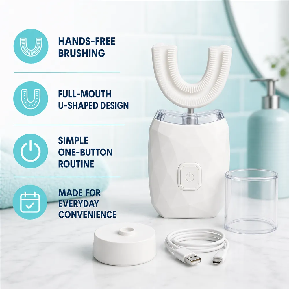 White U-Shaped Electric Toothbrush with Stand｜AI Image Generation Prompts